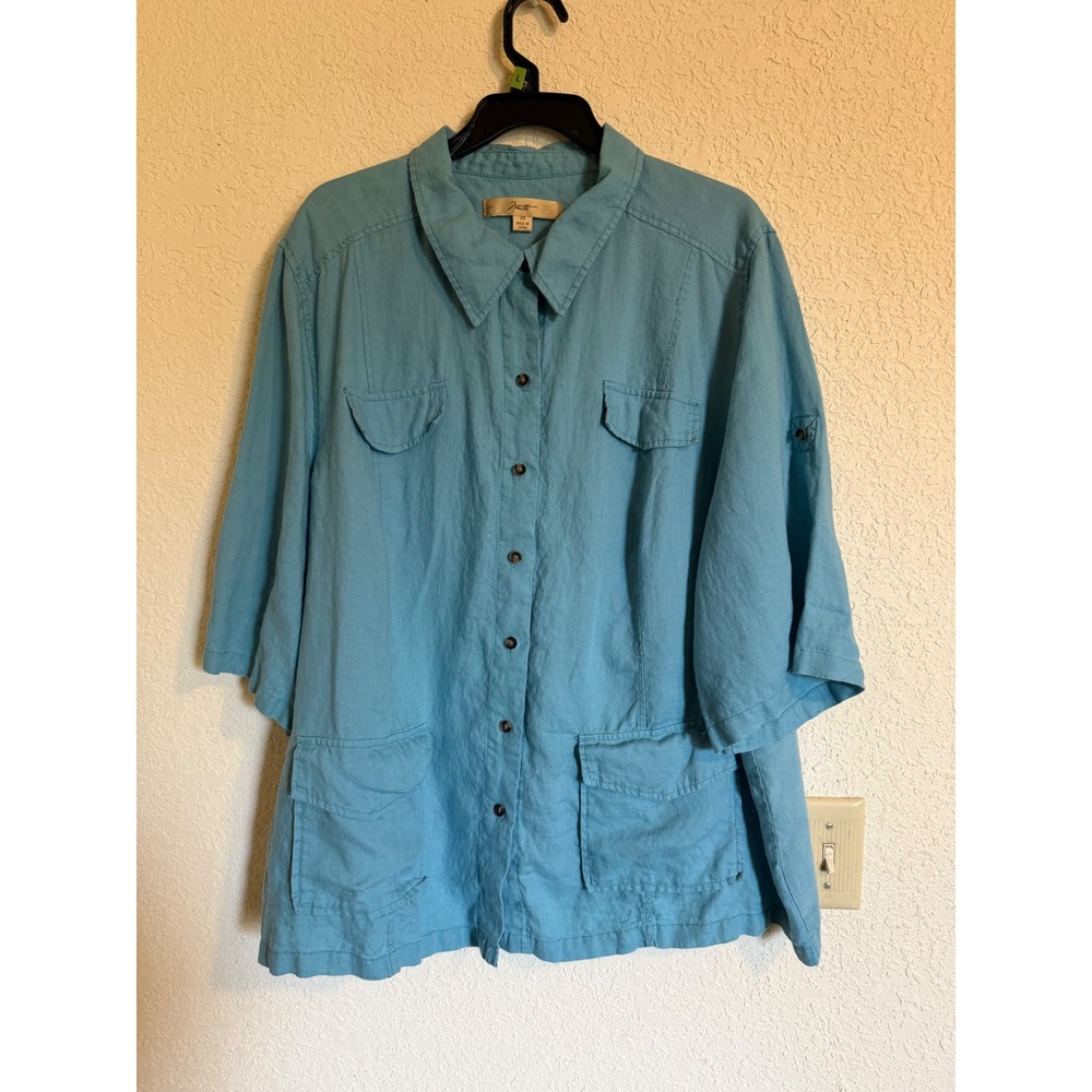 Motto Womens 2X Turquoise 100% Linen Button Up Utility Pocket Shirt Roll Tab